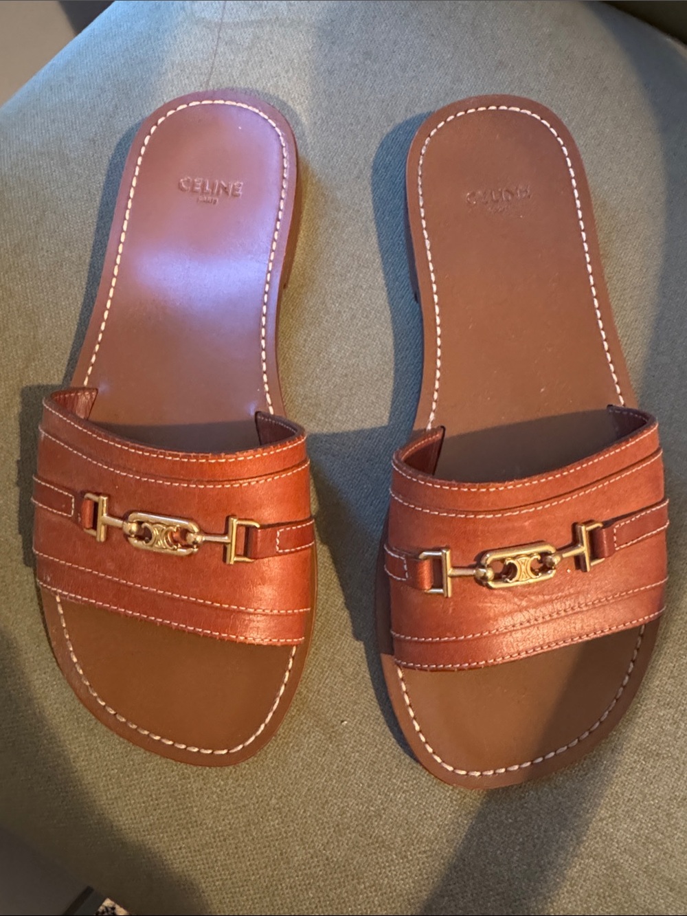Celine Brown Leather Slide Sandals with Gold Horsebit